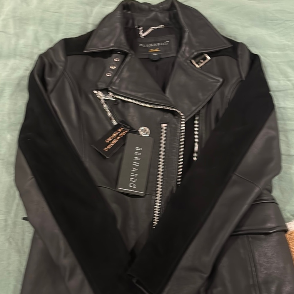 Bernardo Black Leather Moto Jacket with Notched Lapel